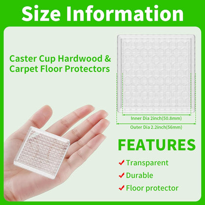 2" Square 12PCS Clear Non Slip Furniture Pads for Hardwood Floors Protector | Rubber Furniture Caster Cups, Chair Coasters for Carpet with Grip, Carpet Protector for Furniture Legs - Protect Any Flooring