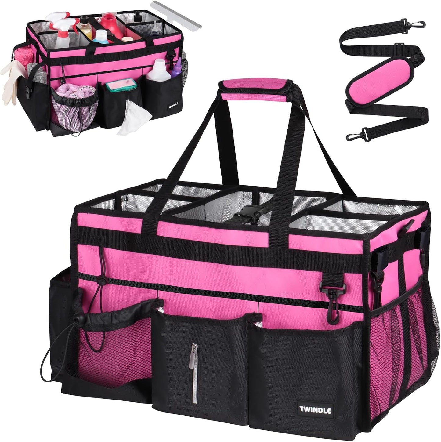 Extra Large Cleaning Caddy Bag with Built-In Support Board, Cleaning Tote Organizer with Removable Divider, Supply Carryall with Adjustable Shoulder Strap and Waist Belt for Cleaners & Housekeeper
