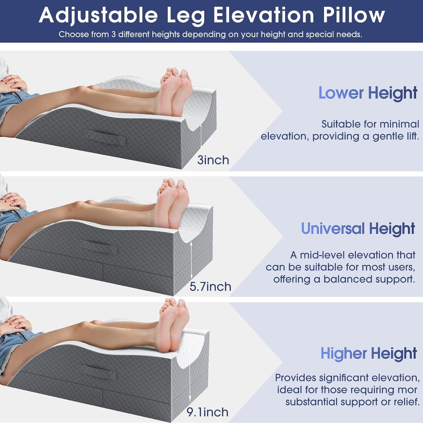 CushZone Leg Pillow, Leg Elevation Pillow with Pad and Memory Foam, Height Adjustable Bolster Pillow for Legs, Leg Pillow Elevation Blood Circulation, for Post-Surgery, Grey