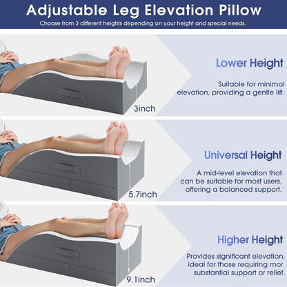 CushZone Leg Pillow, Leg Elevation Pillow with Pad and Memory Foam, Height Adjustable Bolster Pillow for Legs, Leg Pillow Elevation Blood Circulation, for Post-Surgery, Grey