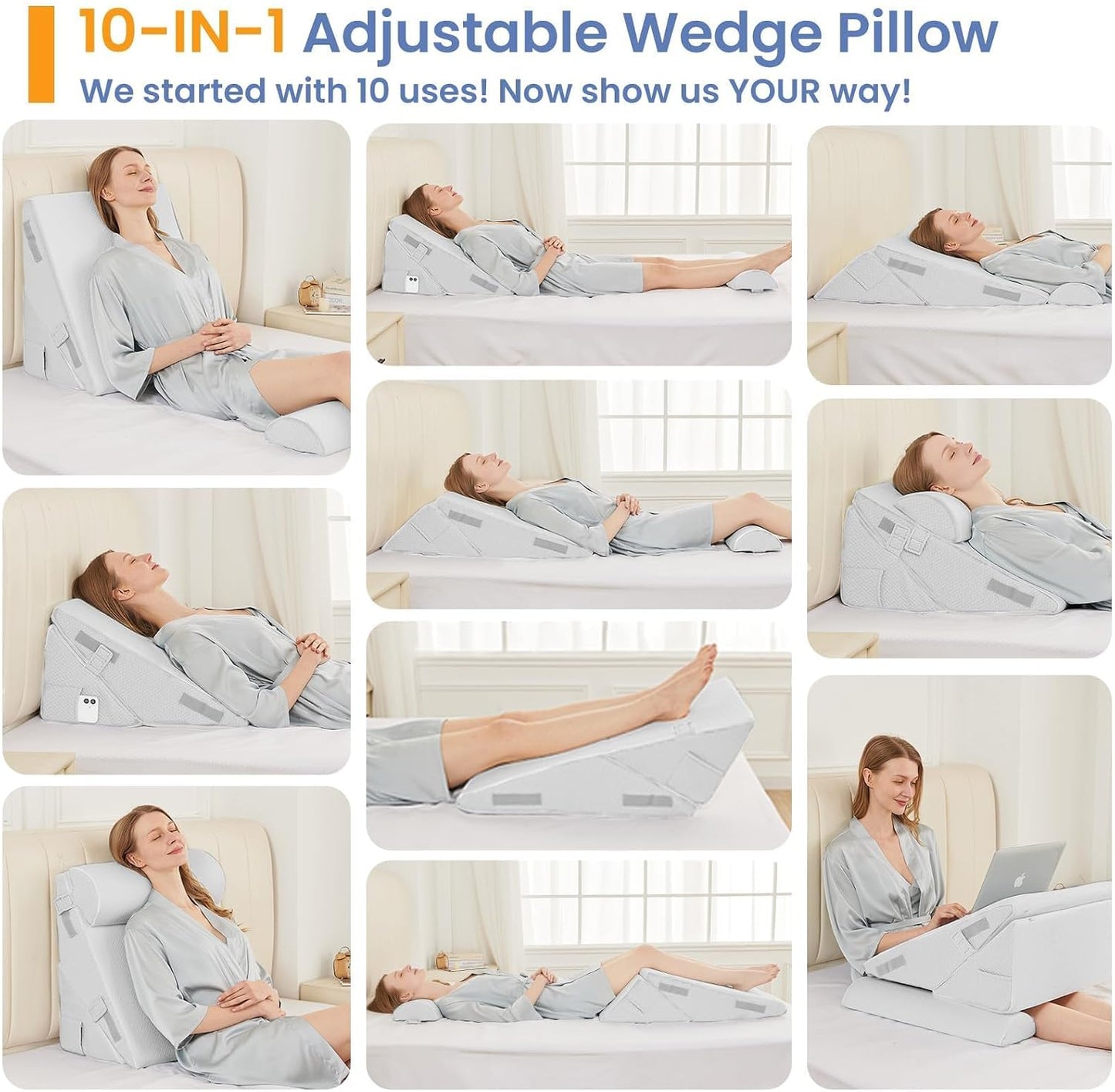 Sasttie Adjustable Wedge Pillow Set for After Surgery, Dark Grey & White | Bed Wedge Pillow Headboard with Memory Foam Neck Cushion, for Acid Reflux, Sleeping, Neck & Back Support