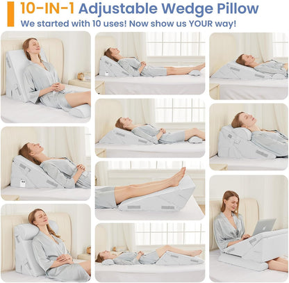 Sasttie Adjustable Wedge Pillow Set for After Surgery, Dark Grey & White | Bed Wedge Pillow Headboard with Memory Foam Neck Cushion, for Acid Reflux, Sleeping, Neck & Back Support