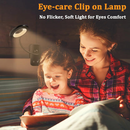 Rechargeable Clip Light, LED Bed Reading Lamp for Headboard & Desk | Strong Clamp, Portable, Cordless Battery Book Light w/ USB-C Cable, 25 Eye-Care Lighting Modes, Flexible Arm, Dorm Bunk Bed