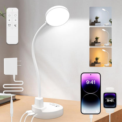 15W LED Desk Lamp with USB Charging Ports – Dimmable Table Lamp with 3 Color Temps, 5 Brightness, 4 Timers, Flexible Gooseneck Light with Base, Eye-Caring Reading Light for Home Office, Bedroom, Study