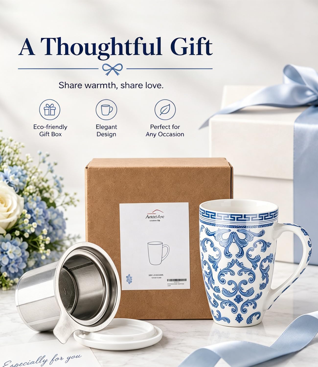 AmorArc Tea Cup With Infuser and Lid, 18oz Loose Leaf Tea Mug With Steeper | Porcelain Tea Mug With Infuser and Lid, Strainer Tea Cup for Tea Lovers, Home & Office, Housewarming Birthday Gift