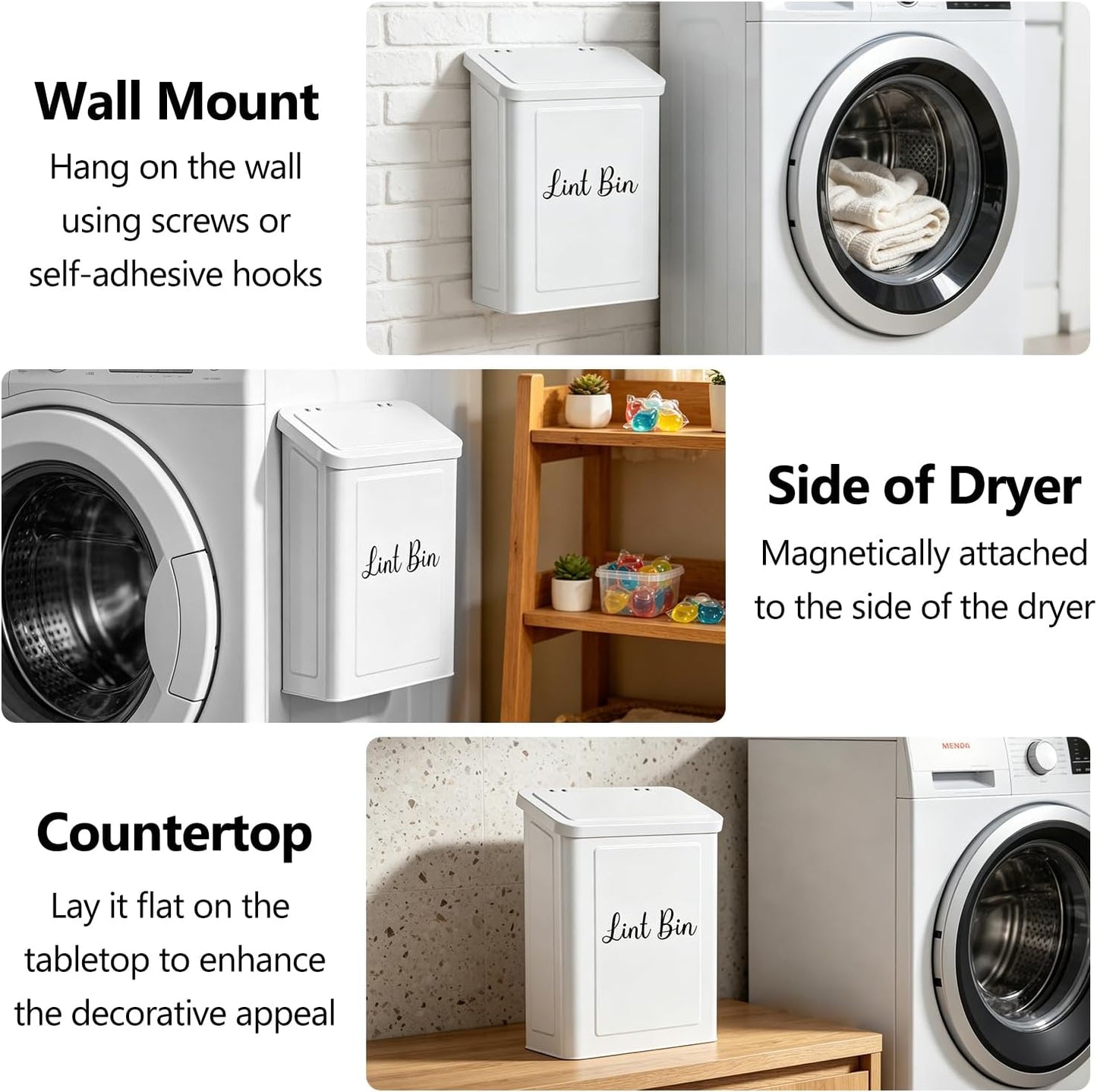 Magnetic Lint Bin for Laundry Room- Wall Mounted Metal Lint Box Holder Trash Can with Dryer Lint Brush, Laundry Room Organization and Storage Decor White