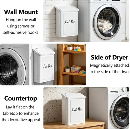 Magnetic Lint Bin for Laundry Room- Wall Mounted Metal Lint Box Holder Trash Can with Dryer Lint Brush, Laundry Room Organization and Storage Decor White