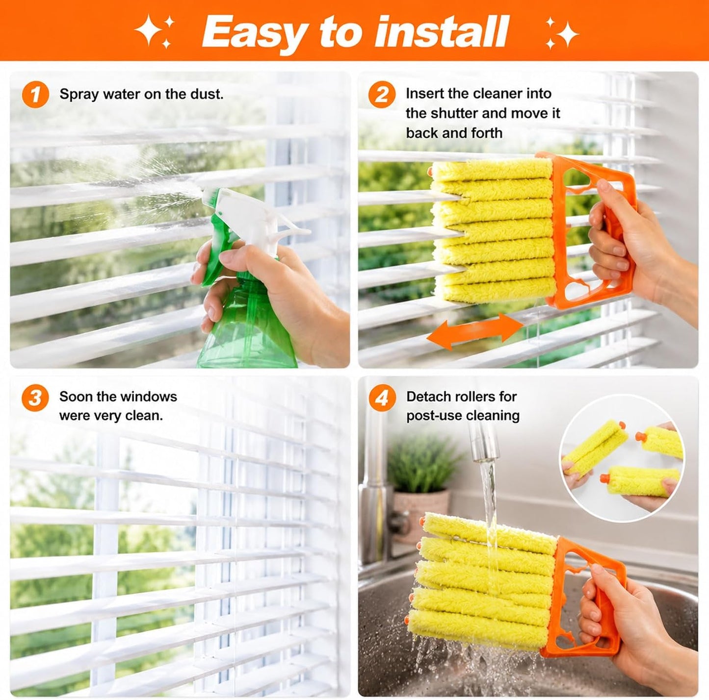 4 Pcs Window Venetian Blind Cleaner Duster Tool with 7 Fingers | Washable Microfiber For AC Vents, Car Vents, Fans, Louvers. Reusable Design Traps Dust. Includes 4 Extra Cloths.