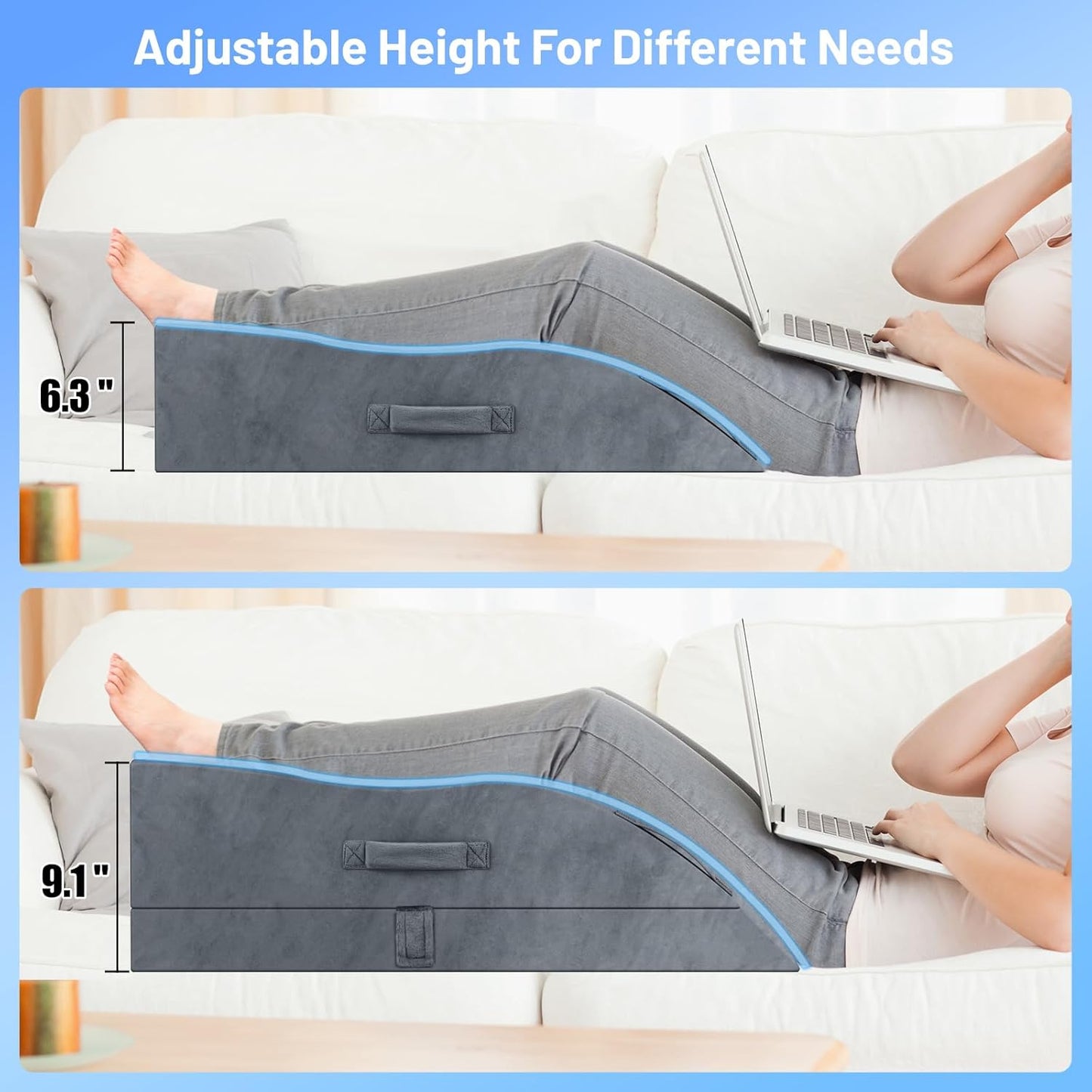 TranquilRelax Leg Elevation Pillow for After Surgery, Wedge Pillow, Grey | Single-leg design, adjustable height, U-shaped cradle, supportive memory foam, washable cover, leg elevation for swelling