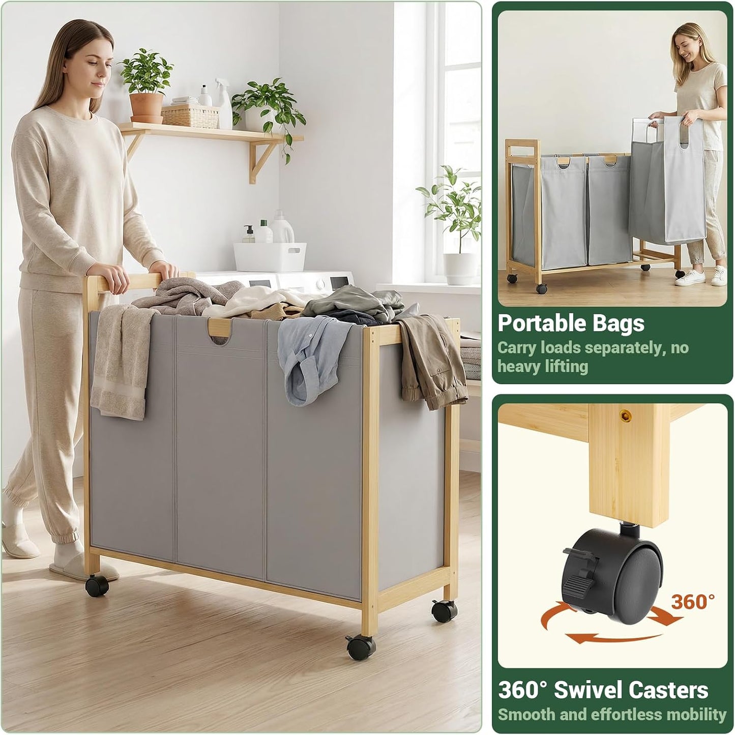 250L Laundry Sorter with Wheels, 3-Section Laundry Hamper, Black | 66 Gal Large Laundry Cart with Removable Bags, Rolling Laundry Basket, Water-Resistant, Bamboo Frame, Laundry Room Organizer