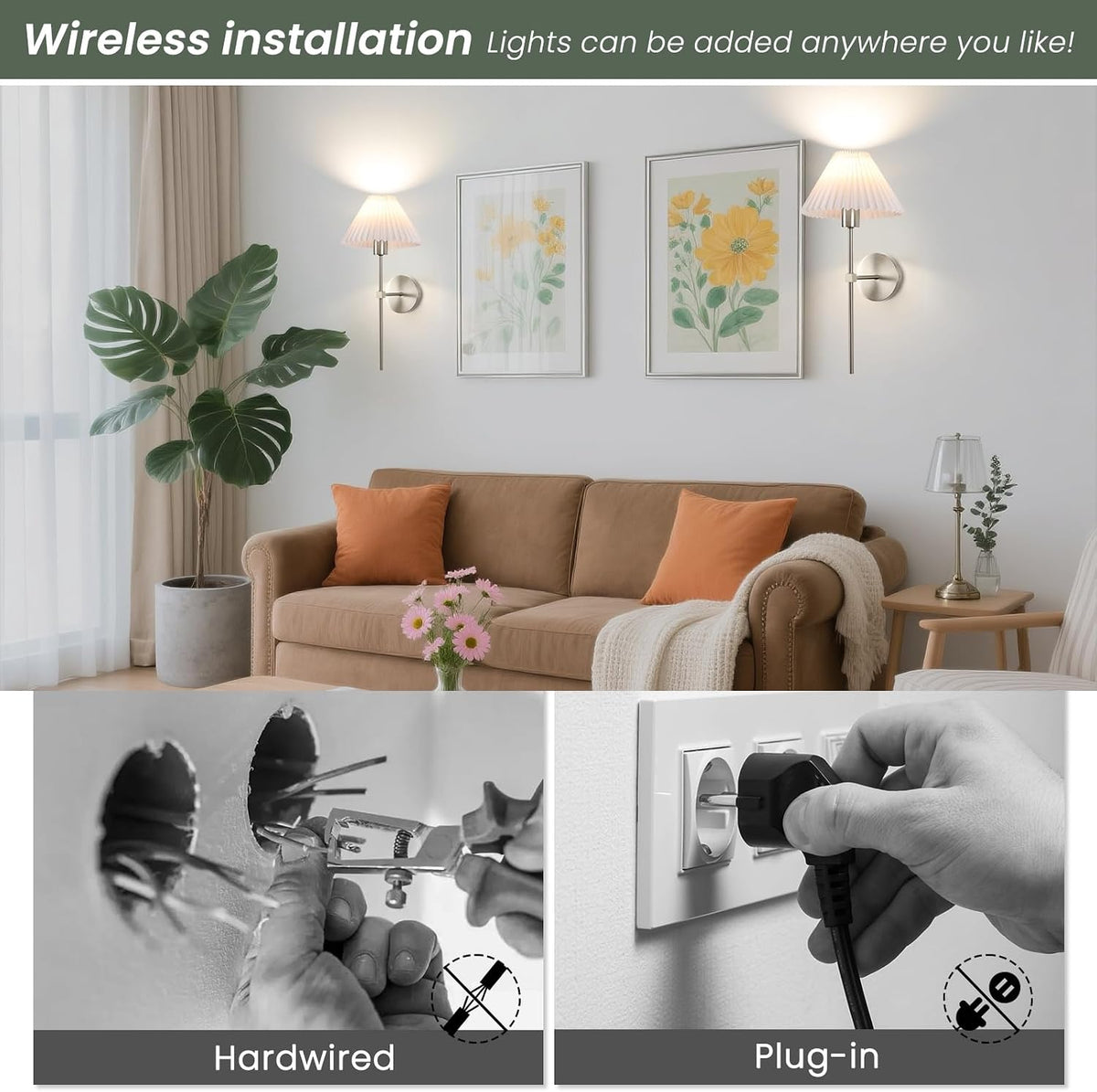 Rechargeable Battery Operated Wall Sconce Sets of 2, 15 Colors Wireless gooseneck Black Wall Lights Fixture with Dimmable Bulbs and Remote, Not Hardwired Wall Mounted Lamps for Bedroom Living Room