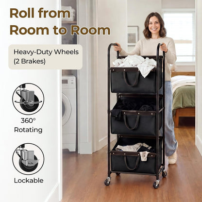 GRANNY SAYS 3 Tiered Laundry Sorter, Narrow Hamper Cart with Wheels | Sturdy 3 Section Laundry Basket with Wheels, Vertical Beige Hamper Cart for Bedroom, Bathroom, Apartment