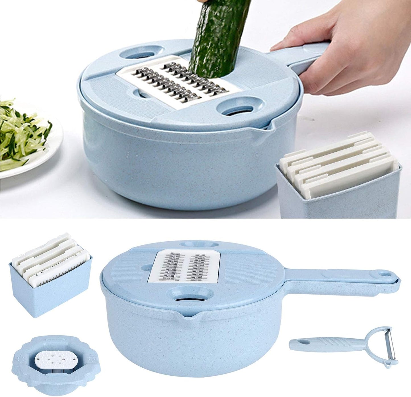 Food Shredder, Manual Vegetable Cutter Potato Grater Food Chopper with 4 Interchangeable Blades Storage Container Finger Guard Wheat Straw PP Kitchen Accessory for Home Meal Prep