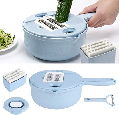 Food Shredder, Manual Vegetable Cutter Potato Grater Food Chopper with 4 Interchangeable Blades Storage Container Finger Guard Wheat Straw PP Kitchen Accessory for Home Meal Prep