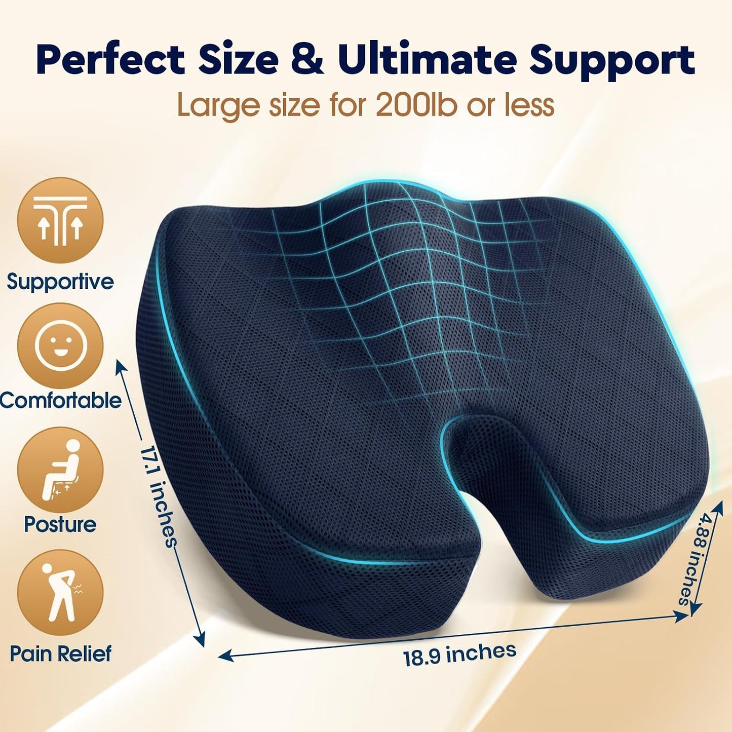 TushGuard Office/ Car Seat Cushion, Non-Slip Sciatica & Back Coccyx Tailbone Pain Relief Chair Pad, Memory Foam Butt Pillow for Computer Desk, Wheelchair, Driving (Black)
