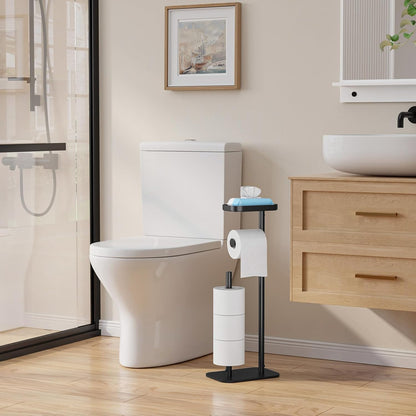 Kitsure Metal Toilet Paper Holder Free Standing, Medium, Black | Rustproof Toilet Paper Stand for 4 Rolls, Bathroom Organizers and Storage with Anti-Slip Base and Plastic Shelf