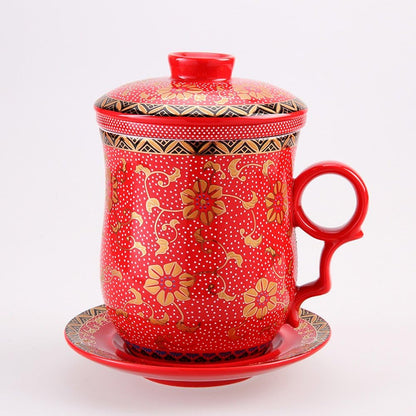 Porcelain Tea Cup with Infuser Lid and Saucer Sets - Chinese Jingdezhen Ceramics Coffee Mug Teacup Loose Leaf Tea Brewing System for Home Office