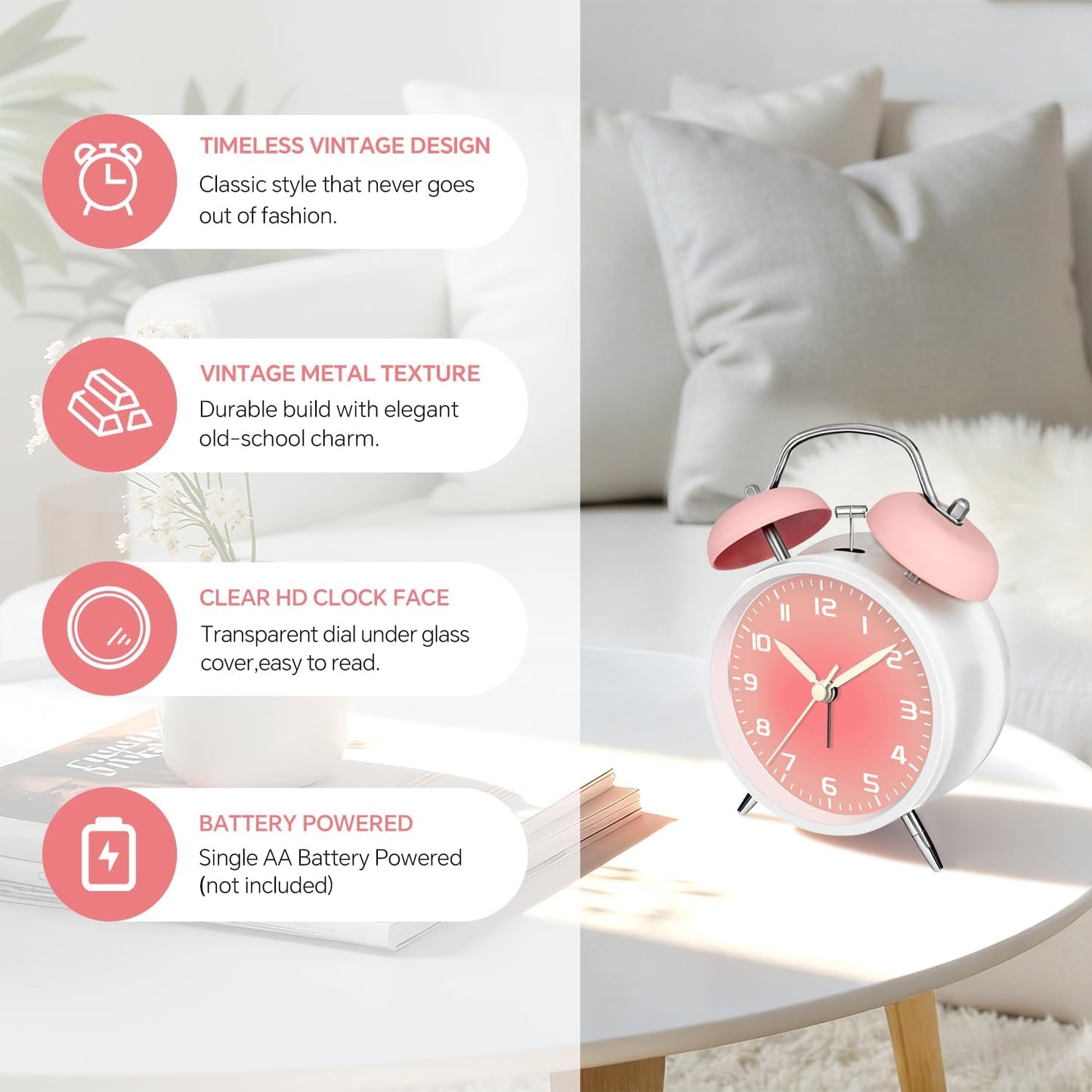 4.5" Analog Alarm Clock for Heavy Sleepers, Loud Battery Operated Alarm Clocks with Light, Metal Silent Desk Clock for Bedrooms, Retro Bedside Clocks for Kids Girls Women Mother Seniors, Pink