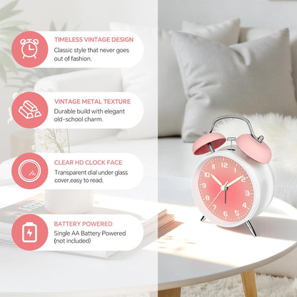 4.5" Analog Alarm Clock for Heavy Sleepers, Loud Battery Operated Alarm Clocks with Light, Metal Silent Desk Clock for Bedrooms, Retro Bedside Clocks for Kids Girls Women Mother Seniors, Pink