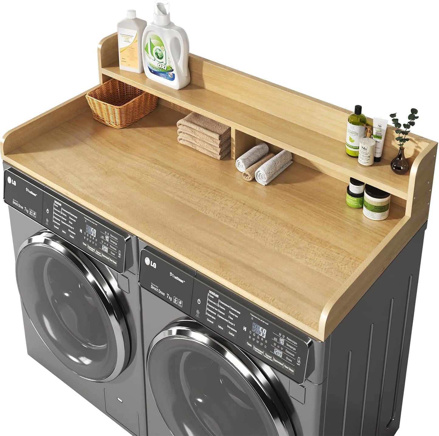 2-Tier Washer and Dryer Countertop with 2.75" H Guard,54" W x 27.5" D Laundry Countertop Cover with Non-Slip Pad,Large Space Laundry Topper for Folding Clothes Over Washer and Dryer-White
