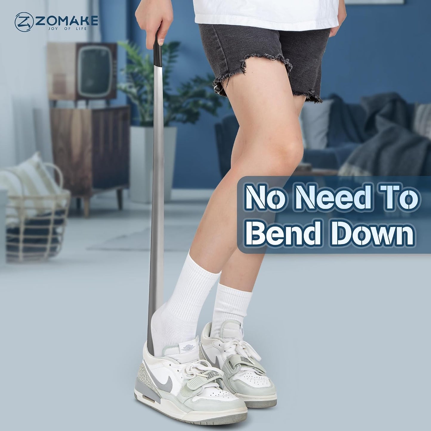 ZOMAKE Shoe Horn Long Handle for Seniors Men Women, Metal Shoehorn 16.5" | Stainless Steel Boot Horn Shoe Spoon Helper, Comfort Grip Handle, Smooth Edges, No Bending Required, Shoe Care for Daily Use