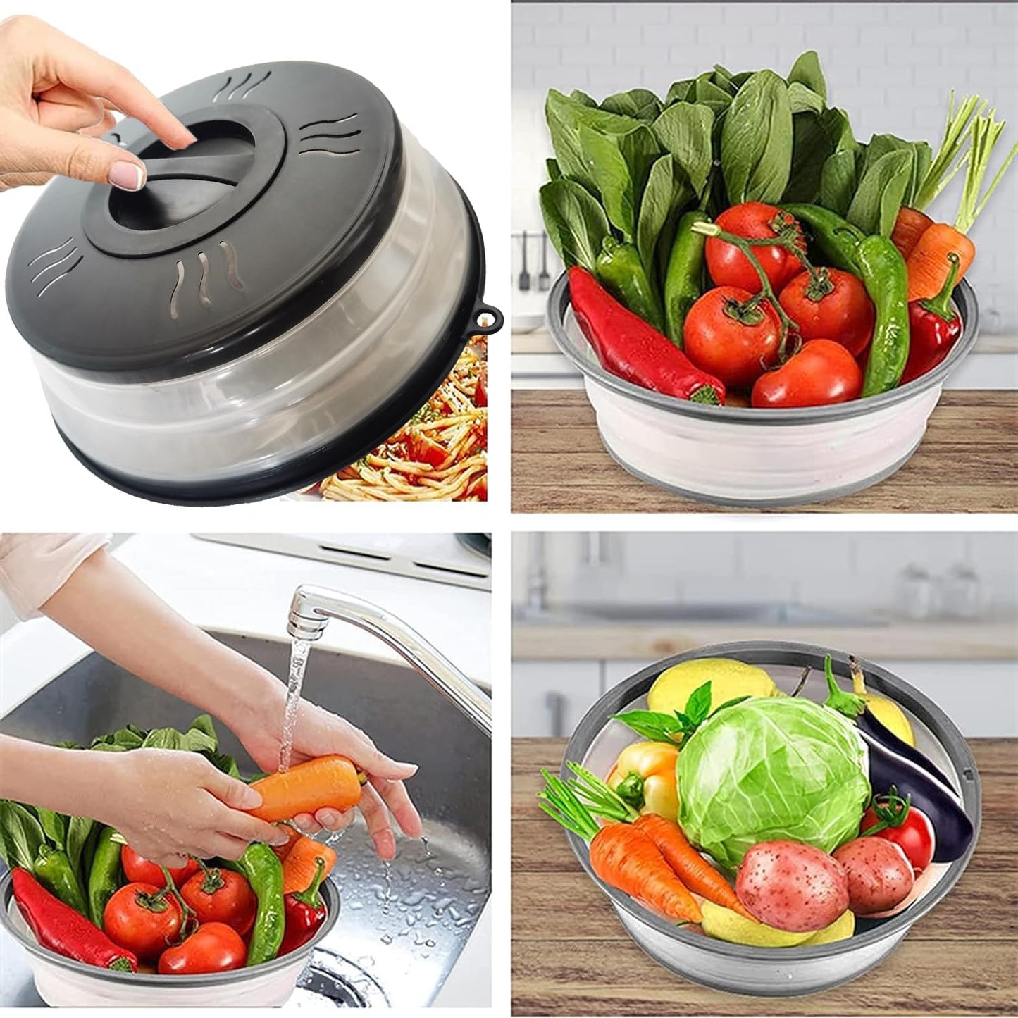 Microwave Splatter Cover Vented for Food, Microwave Plate Cover Splatter Guard & Colander, Fruit Vegetables Drainer with Hook Hole, Dishwasher-Safe,BPA-Free Silicone & Plastic (Black)