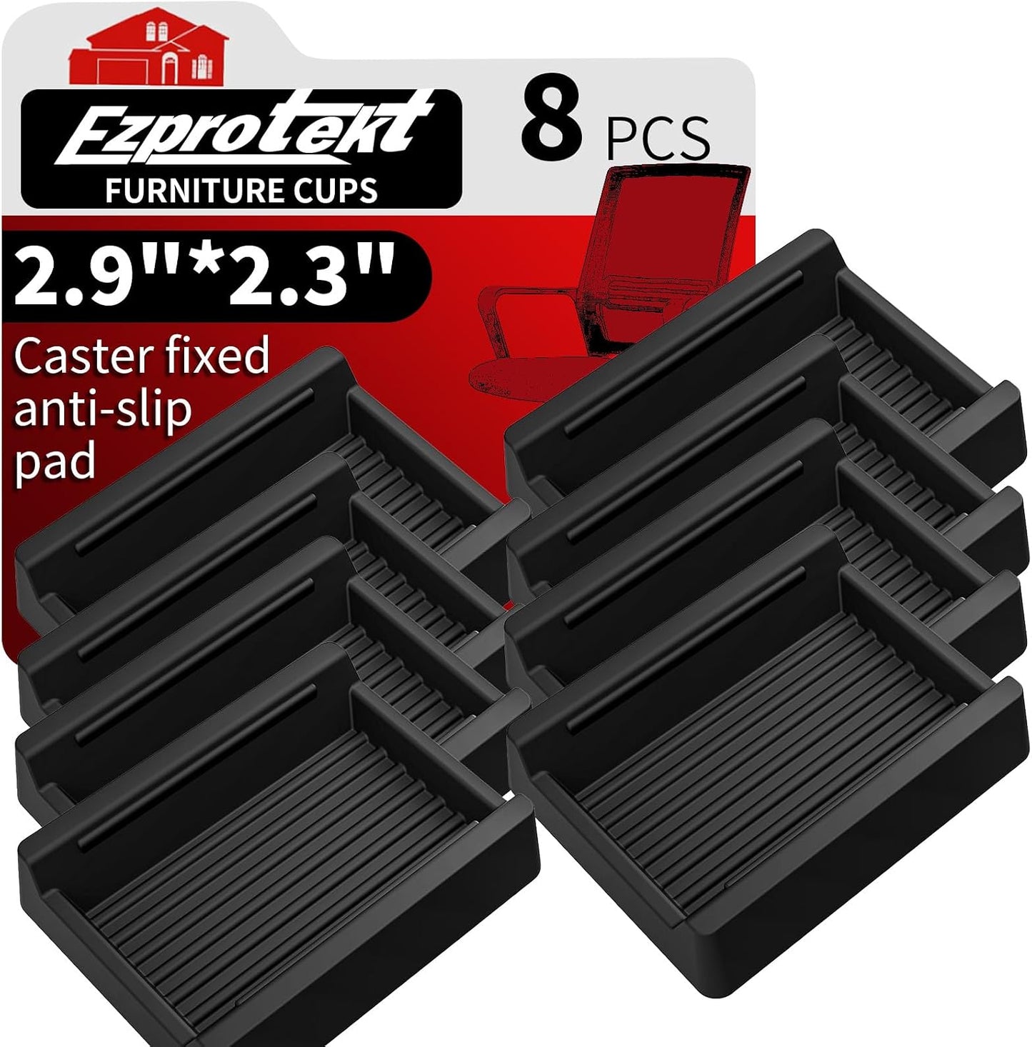 Ezprotekt Rectangle Rubber Caster Cups, 4 Pcs Non Slip Furniture Pads, 2.9" x 2.3" Anti-Slip Furniture Gripper, Furniture Stoppers to Prevent Sliding, Wheel Stoppers for Rolling Furniture (Black)