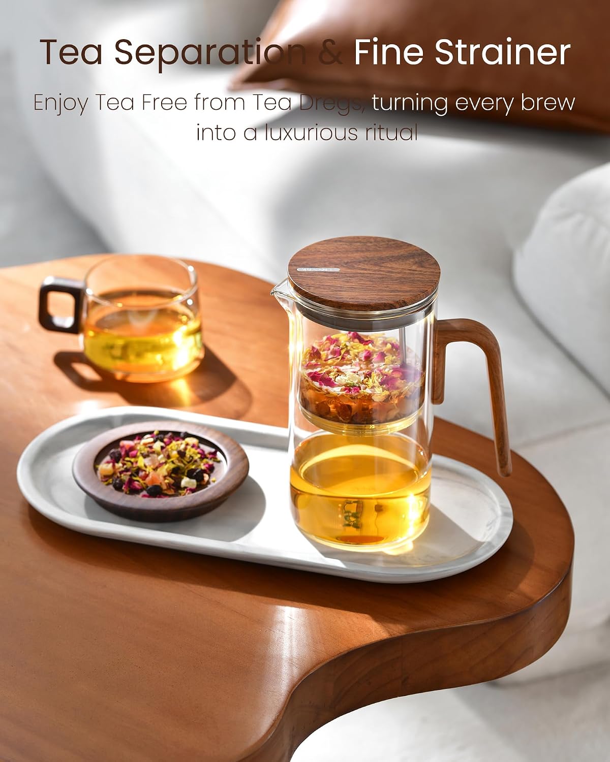 ZENS Magnetic Glass Infuser Teapot for Loose Tea, 27oz Walnut Wood Handle | Magic Teapot with Infuser, Echanted Tea Maker, Mess-Free Loose Leaf Tea Diffusers for Tea lover Gifts