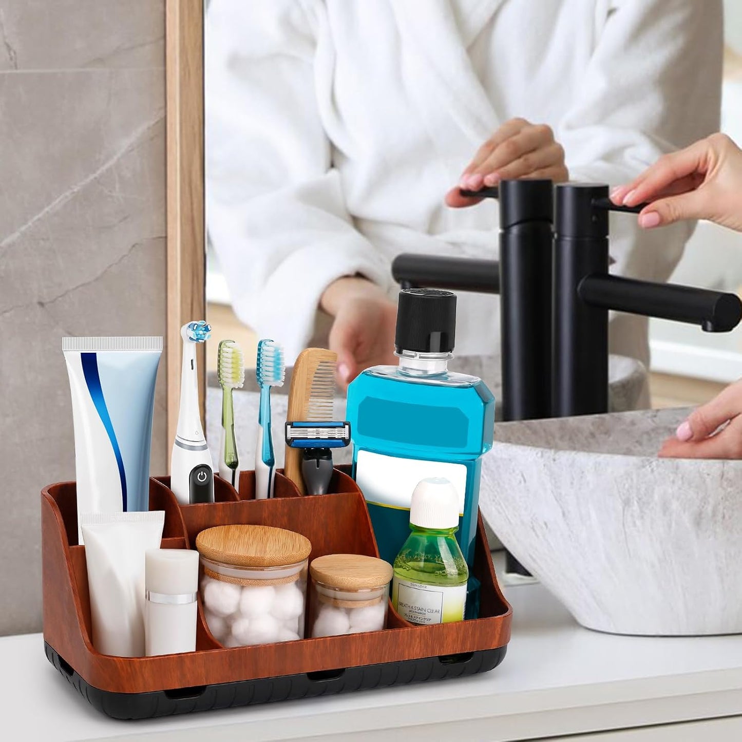 GFWARE Black Toothbrush Holder - 7 Slots Bathroom Organizer Countertop with Drainage Matte Black Electric Toothbrush and Toothpaste Holder for Bathroom Accessories Sink Storage