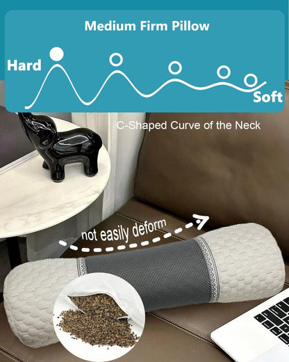Buckwheat Cervical Pillow for Sleeping, Adjustable Roll Pillow for Neck Relief with Washable Pillowcase, Round Cylinder Bolster for Firm Support, 16x4 inch (Khaki)