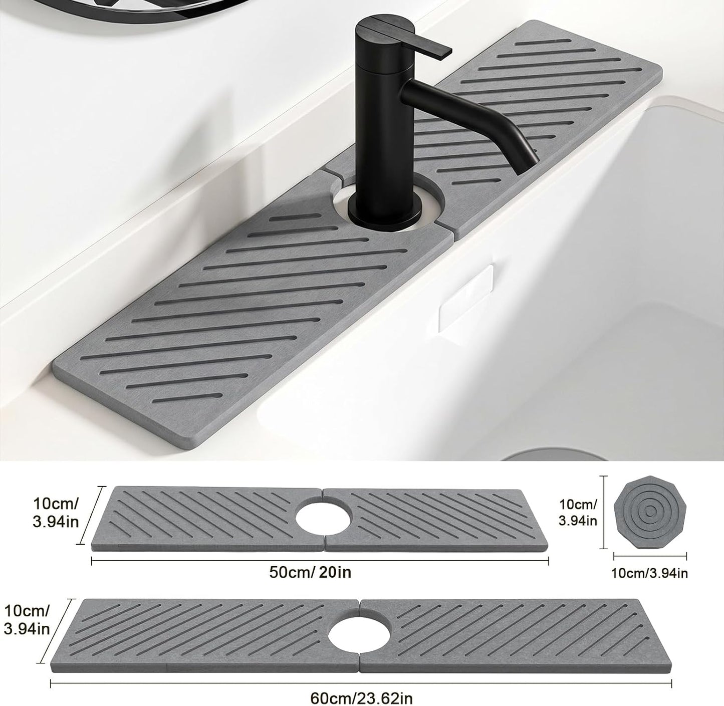 Stone Faucet Mat for Kitchen Sink,Absorbent Drying Mat(Dark Gray,23.6"×3.9" | Fast Drying Sink Splash Guard & Water Tray for Bathroom Counter,Quick Dry Sink Protector Kitchen Accessories