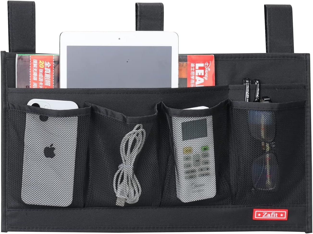 Zafit Hanging Bedside Caddy, Bedside Storage Organizer for Magazine, Phone, Remote control (Classic4 Pockets-Black)