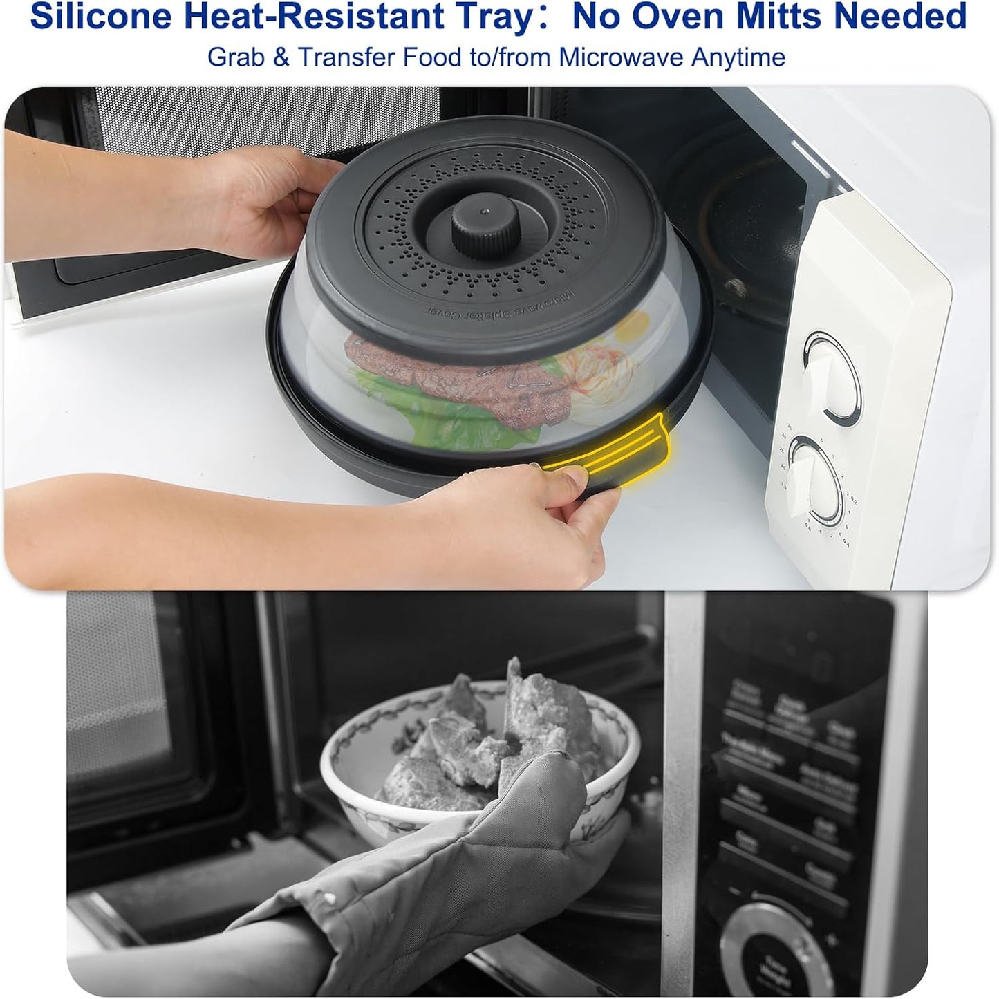 Microwave Splatter Cover for Food with Handle &Heat-Resistant Mat, 10.7" Collapsible Microwave Plate Cover - BPA Free, Dishwasher Safe Food Lid, Multi-Use Colander & Steamer for Meal Prep （Black）