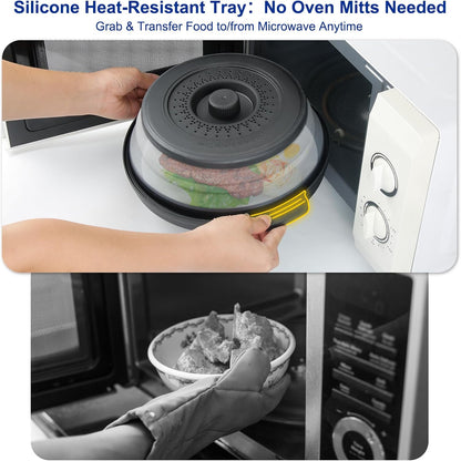 Microwave Splatter Cover for Food with Handle &Heat-Resistant Mat, 10.7" Collapsible Microwave Plate Cover - BPA Free, Dishwasher Safe Food Lid, Multi-Use Colander & Steamer for Meal Prep （Black）