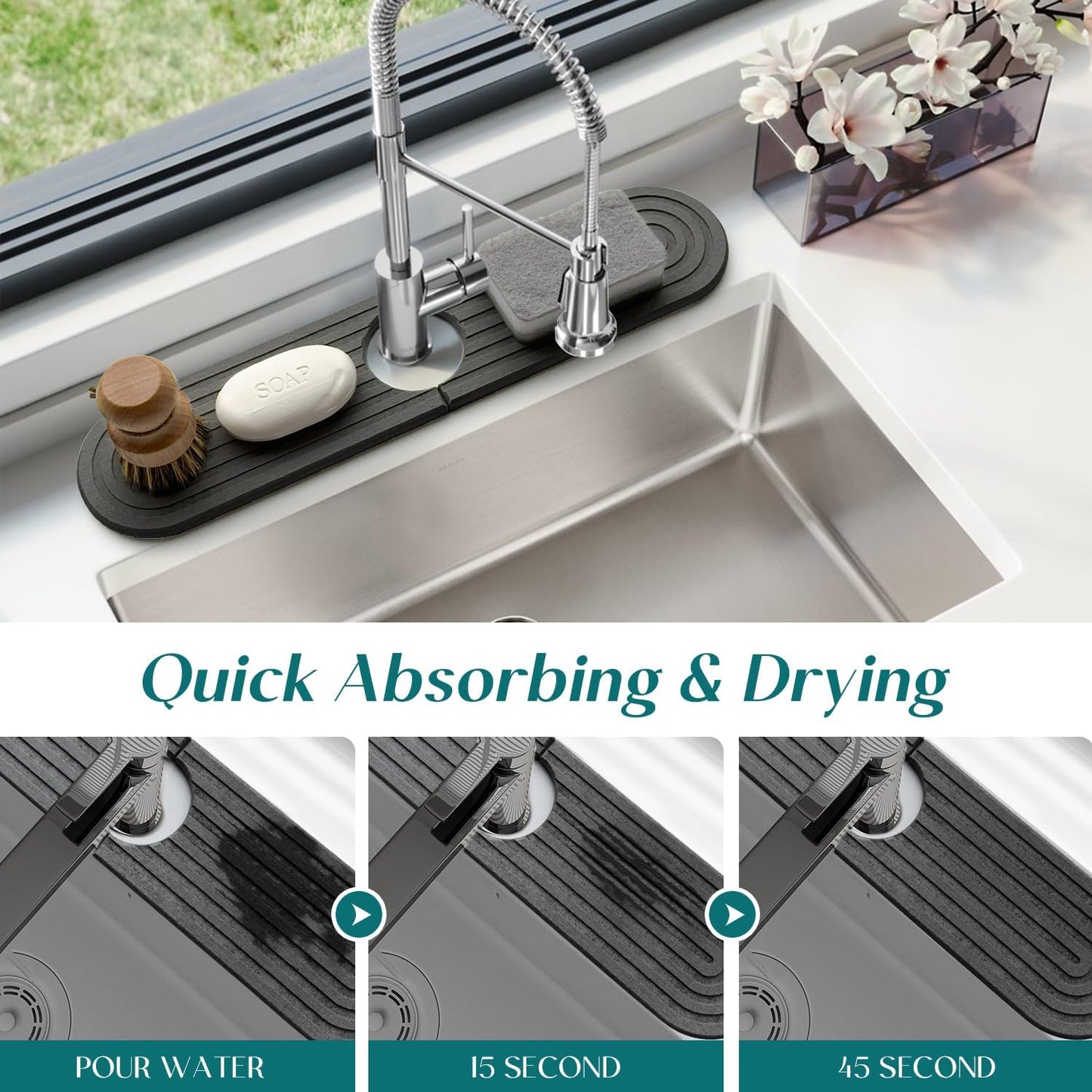 Diatomite Sink Splash Guard - DryingNeat Kitchen Faucet Mat, Instant Dry Water Absorbing Stone Tray for Sink, Durable Protector for Kitchen Bathroom Counter [Light Grey, 17.7" x 3.9"]