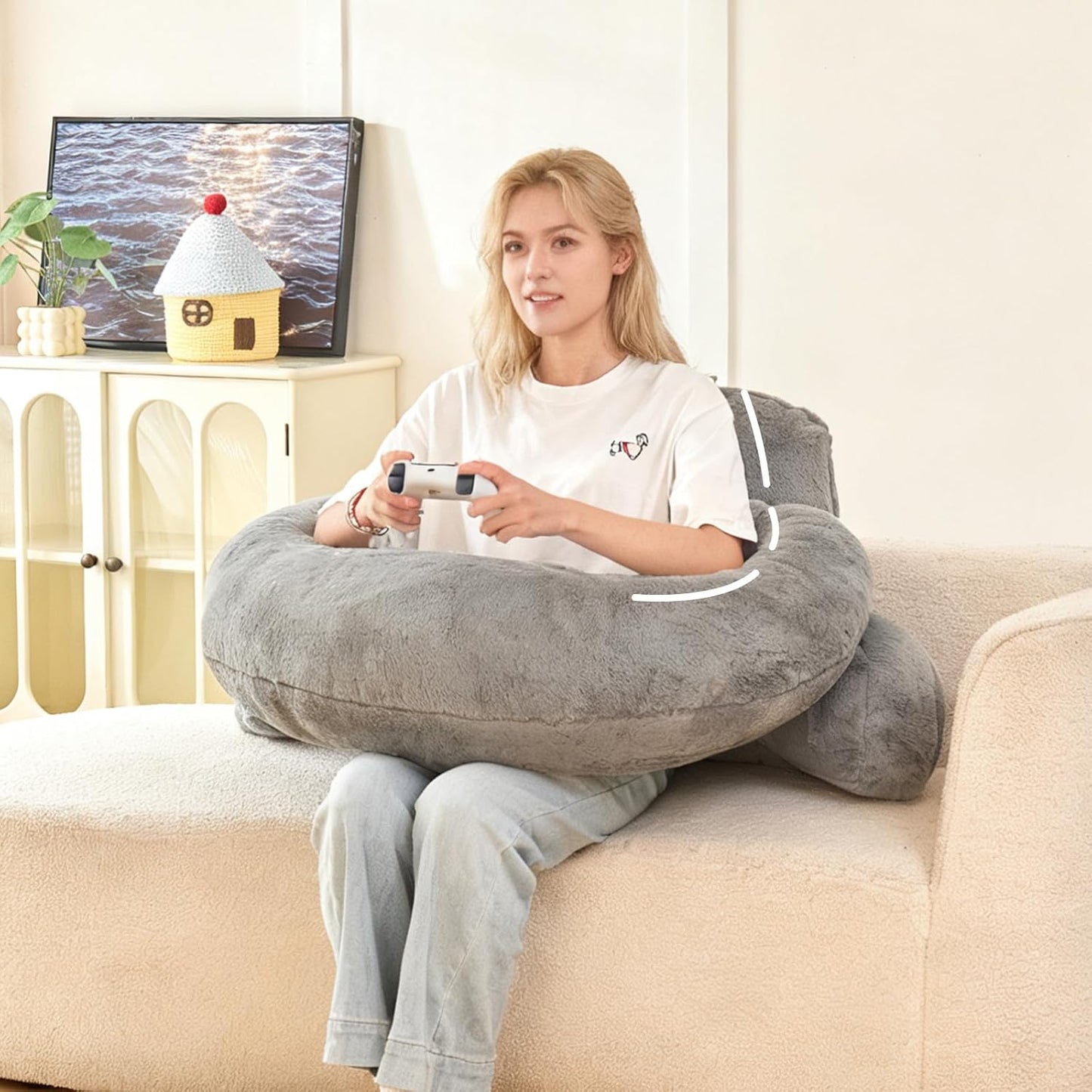 Reading Pillow with Arms for Sitting in Bed,Backrest,White Flannel,M | 17" Backrest Supports Back for College Students,Elbows & Forearms for Dorm Reading,Gaming,Watching TV