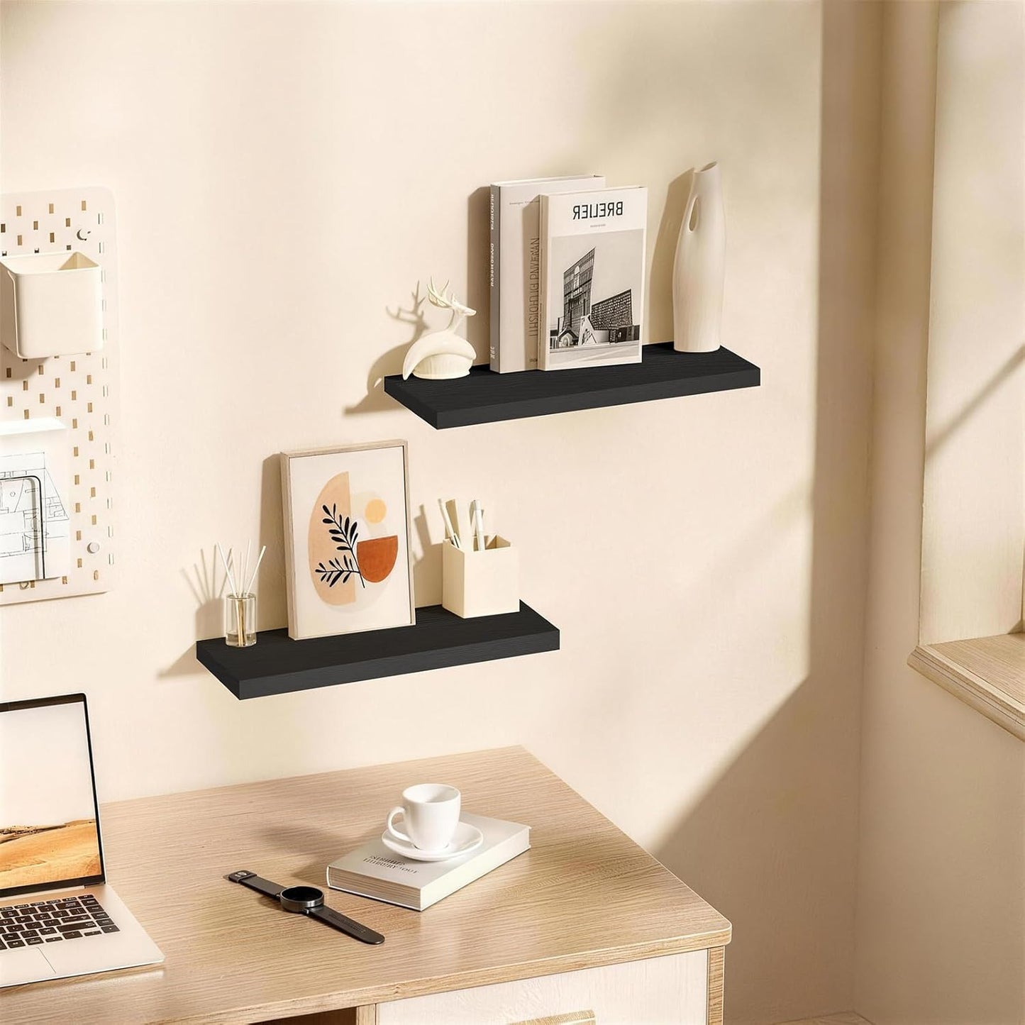BAYKA Rustic Brown Floating Shelves 22.5in, Set of 2, Wall Mount Wood Shelf | Easy Install, 22lbs Max Load, Hidden Bracket, for Bathroom Bedroom Living Room or Kitchen, Hanging Shelf Book Decor Storage