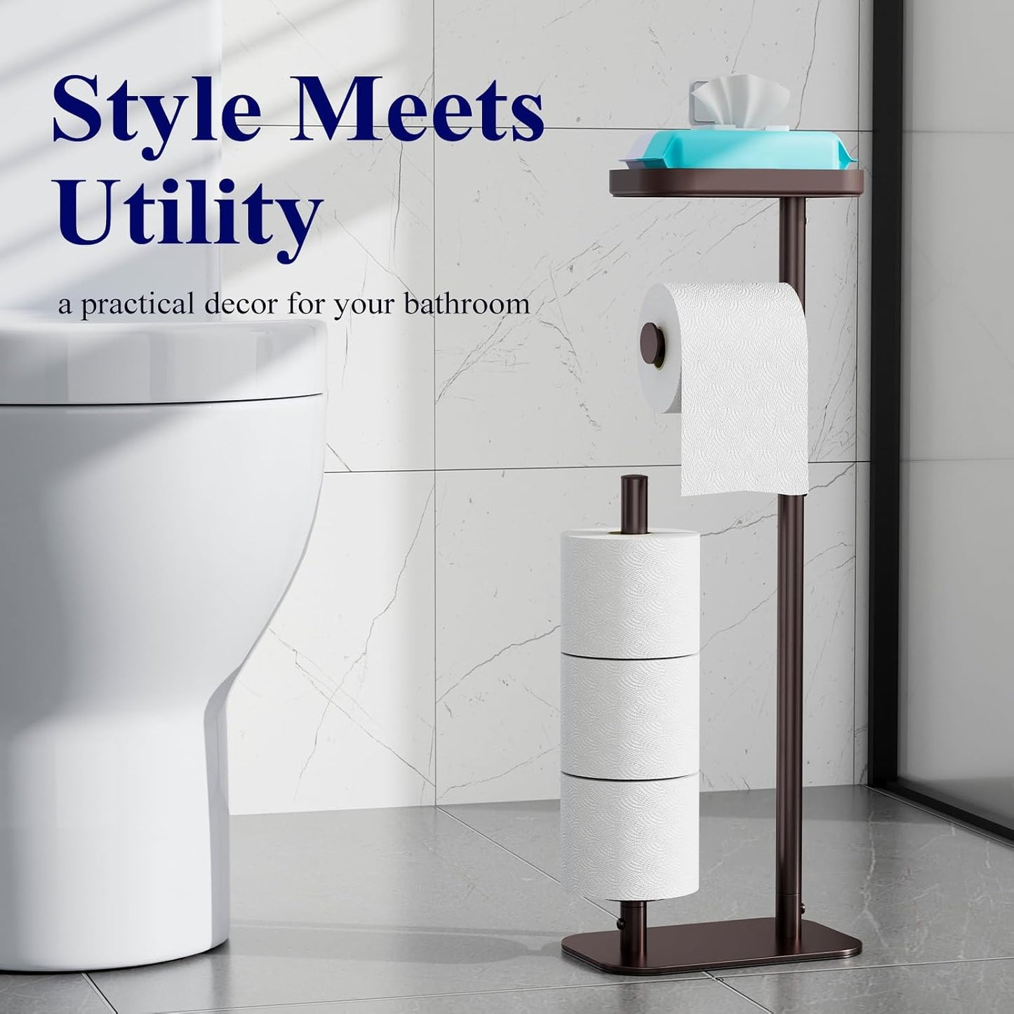 Kitsure Metal Toilet Paper Holder Free Standing, Medium, Black | Rustproof Toilet Paper Stand for 4 Rolls, Bathroom Organizers and Storage with Anti-Slip Base and Plastic Shelf