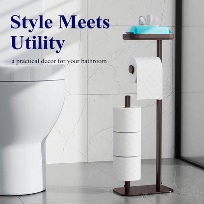 Kitsure Metal Toilet Paper Holder Free Standing, Medium, Black | Rustproof Toilet Paper Stand for 4 Rolls, Bathroom Organizers and Storage with Anti-Slip Base and Plastic Shelf