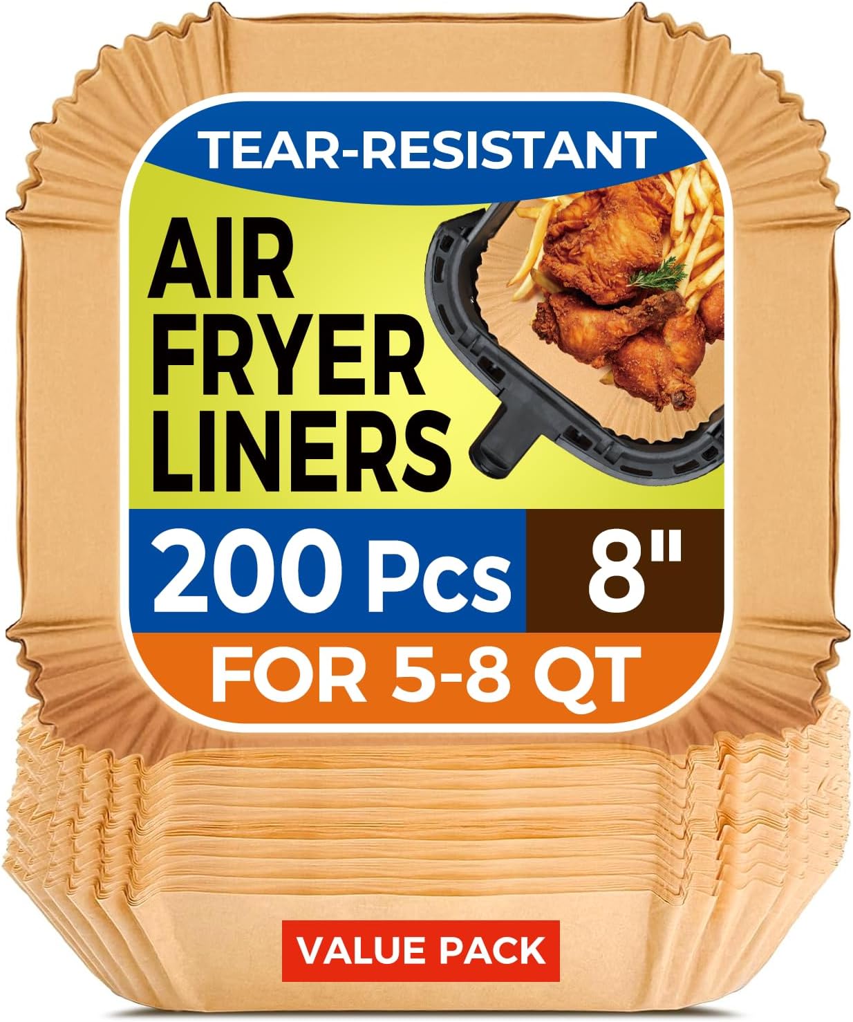 Vailnd Air Fryer Paper Liners, 200pcs Air Fryer Liners Disposable 8" Square | Baking Paper Liner for 5-8 qt Airfryer Basket, Non-stick and Oil Proof Parchment Paper for Oven, Pans & Baking