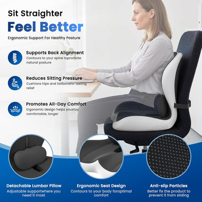 Car Seat Cushion Reducing Sciatica Pressure, Back & Tailbone Comfort | Hollow Design for Coccyx, Double-Sided Anti-Slip, L-Shaped Ergonomic Memory Foam Lumbar Cushion, Suitable for Long Sitting