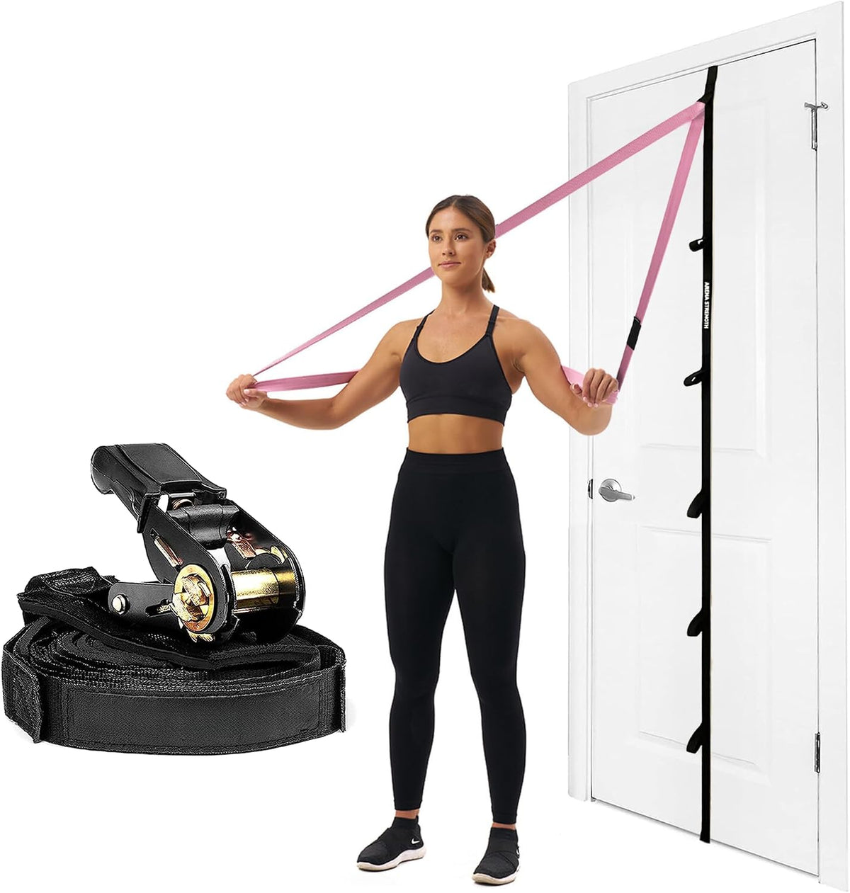 Arena Strength Multi Loop Door Anchor Strap - Heavy Duty Resistance Band Attachment with 9 Adjustable Anchor Points, Easy Installation & Exercise Guide for Full Body | Fits Doors Up to 9 Ft, Black