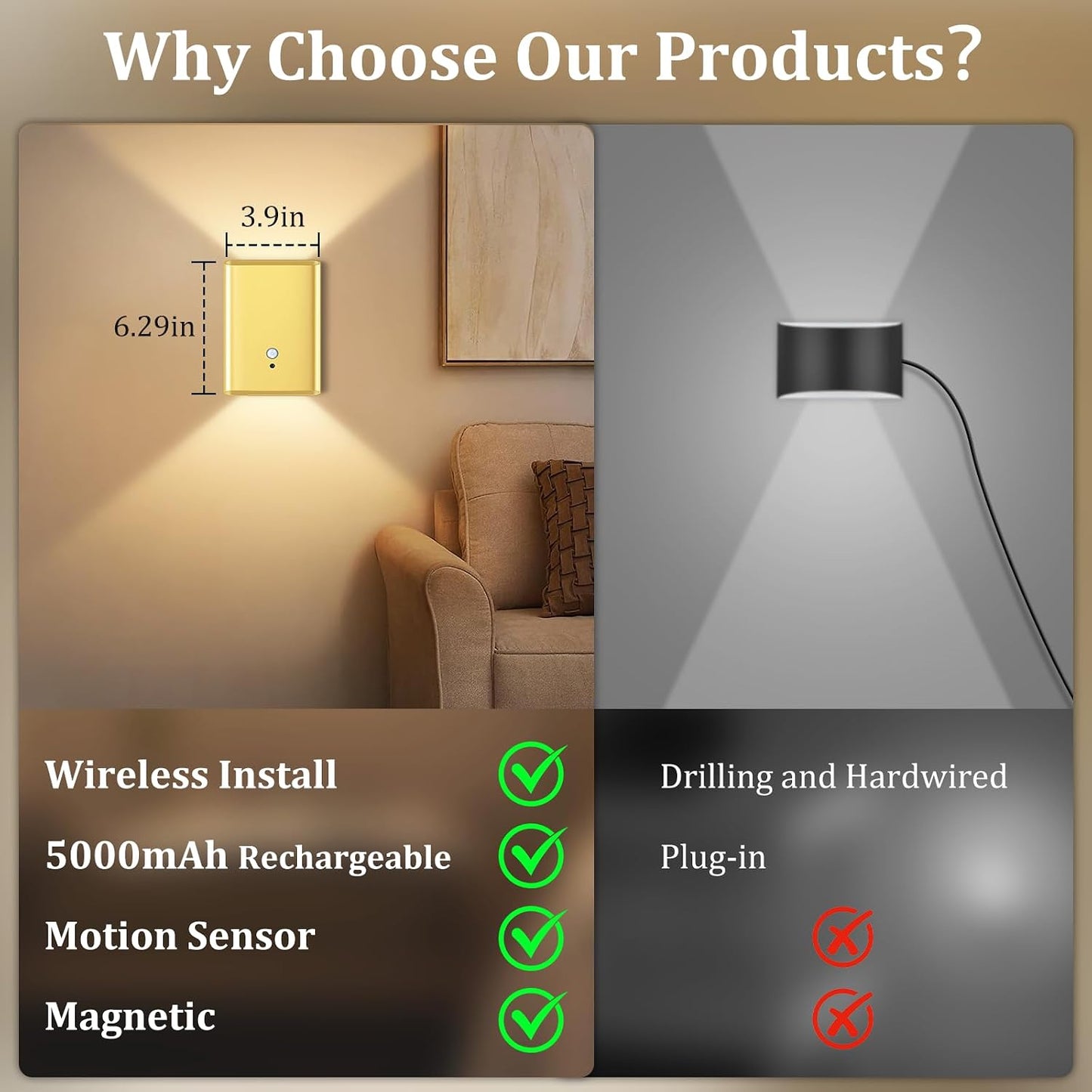 Eneru Motion Sensor Wall Sconce, Rechargeable Wireless Lights Indoor 2 Pack | 5000mAh battery powered, remote 3CCT dimmable, cordless magnetic mount, motion night light for hallway closet bathroom stair