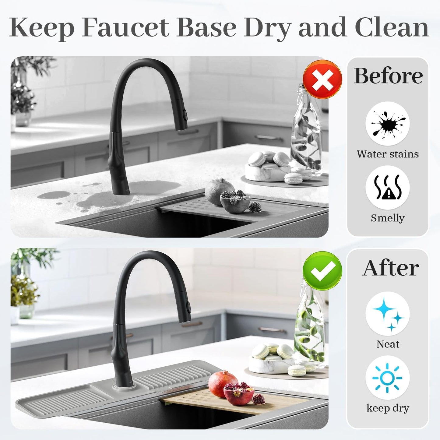 PoYang 23.6 Inch Silicone Sink Splash Guard, Kitchen Sink Mat, Light Grey | Faucet Mat with Wide Drainage & Cuttable Hole, Keeps Faucet Base Dry, Long & Short Sink Protectors for Kitchen, Bathroom & RV