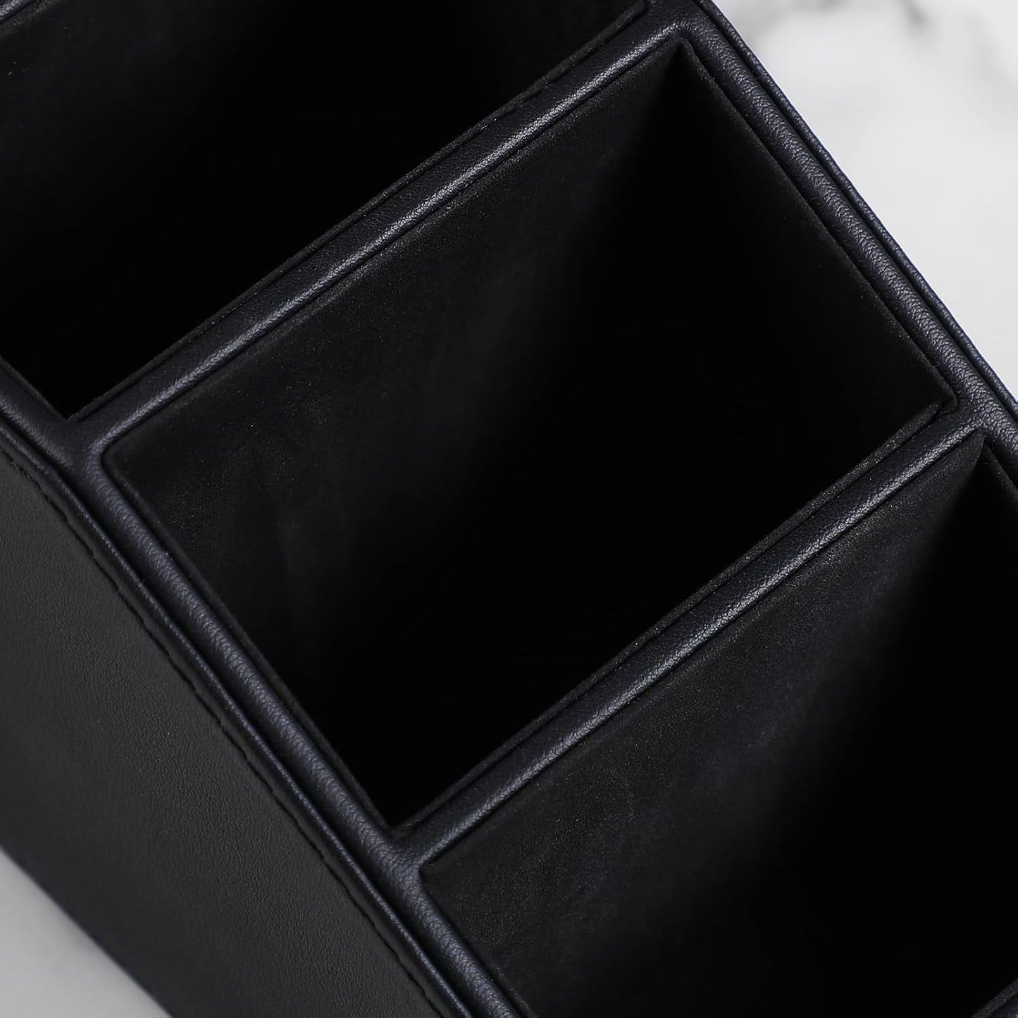 Remote Control Holder, Small Desk Organizer TV Remote Caddy, Black | PU Leather 3 Compartments Remote Holder, Remote Organizer Nightstand Organizer for Couch Bedside Living Room Office