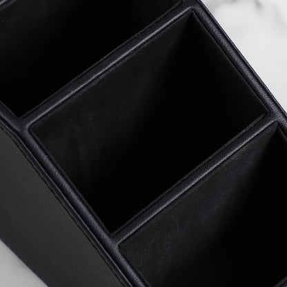 Remote Control Holder, Small Desk Organizer TV Remote Caddy, Black | PU Leather 3 Compartments Remote Holder, Remote Organizer Nightstand Organizer for Couch Bedside Living Room Office