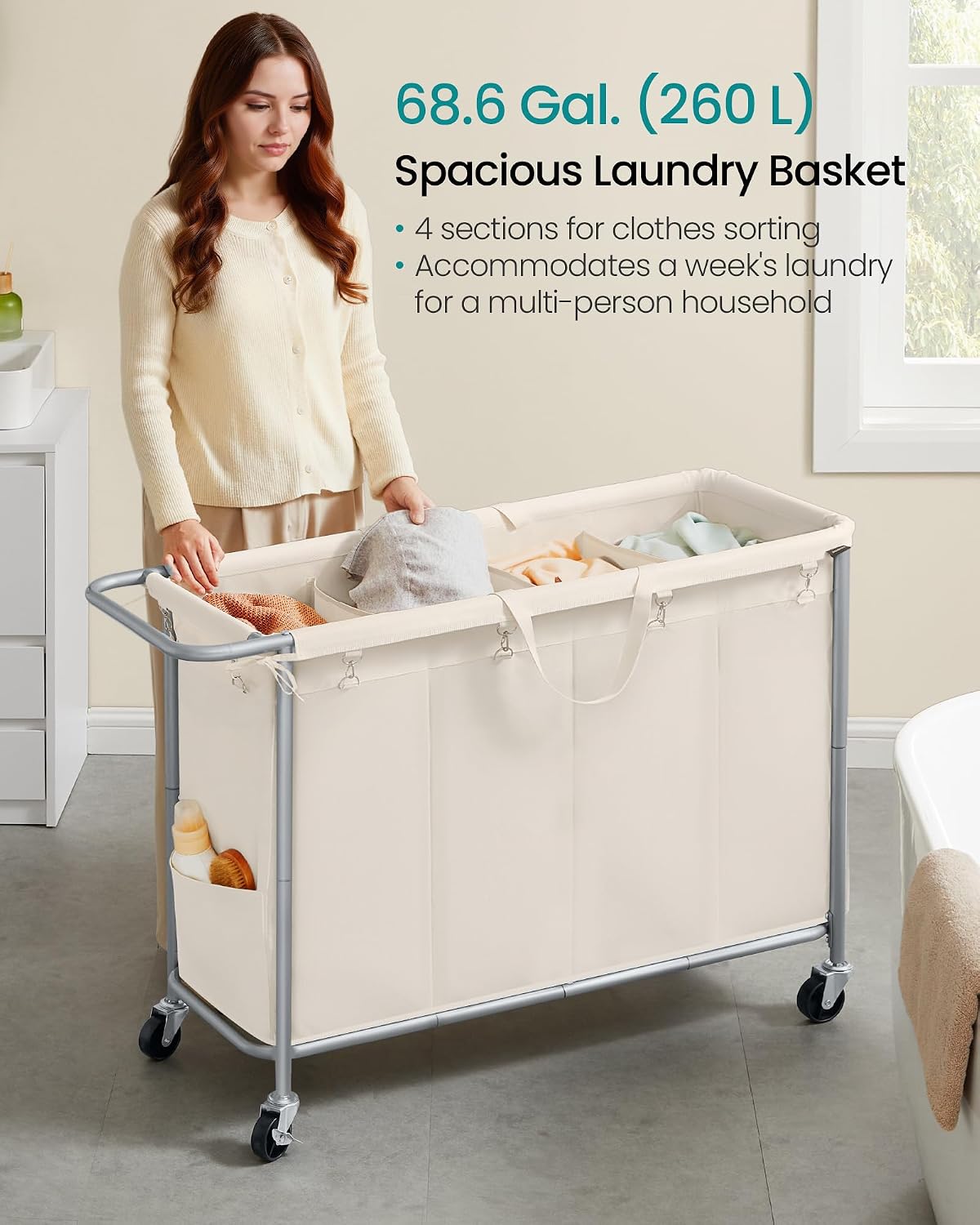 SONGMICS Laundry Basket with Wheels, 4-Section Rolling Laundry Hamper, 68.6 Gallons (260 L), Removable Liner, Steel Frame with Handle, 43.3 x 15.4 x 31.9 Inches, Cream White URLS014W01