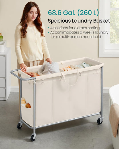 SONGMICS Laundry Basket with Wheels, 4-Section Rolling Laundry Hamper, 68.6 Gallons (260 L), Removable Liner, Steel Frame with Handle, 43.3 x 15.4 x 31.9 Inches, Cream White URLS014W01