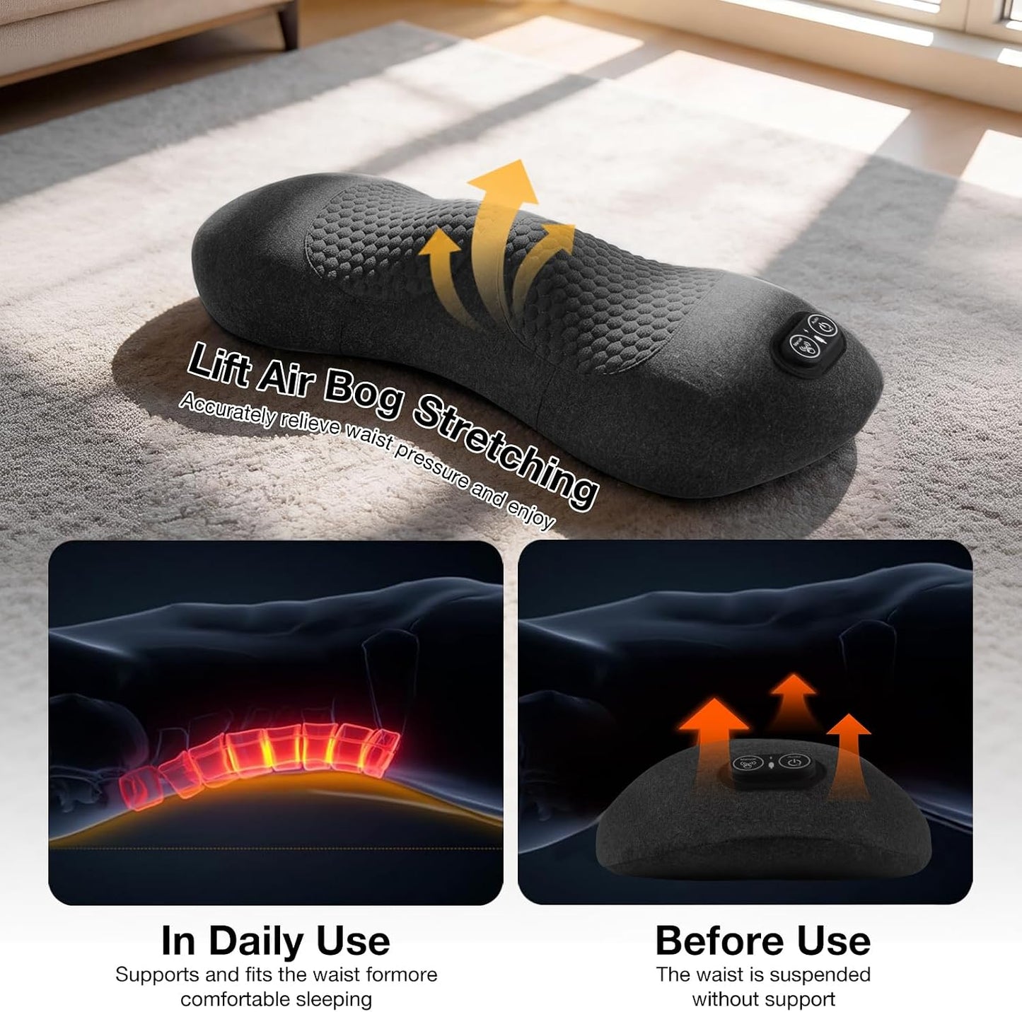 Upgraded 3-in-1 Portable Lumbar Pillow for Back Relief, Smooth Spine Triple Fusion Back Massager with Stretch, Vibration & Heat for Deep Relaxation on Bed, Sofa & Car