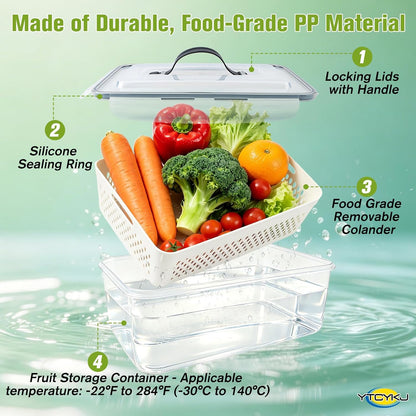 5-Pack Fruit Storage Containers for Fridge with Removable Colanders & Lids | Clear Plastic Produce Storage Containers for Fruits, Veggies, Salad, Berries | Leak-Proof, Microwave Safe